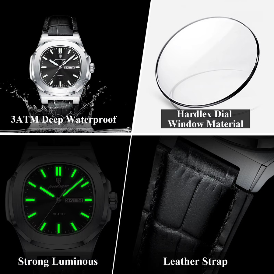 POEDAGAR Armbanduhr, Analoguhr, Edelstahl, Leder, Schwarz, Herren - Bild 4