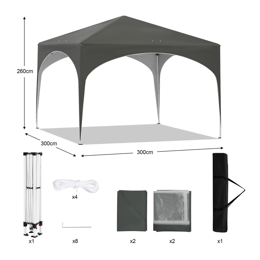 Eugad Pavillon-Zelt Grau mit 4 Seitenwänden und Tragetasche, B/T: 300 x 300 cm, Höhe: 260 cm - Bild 3