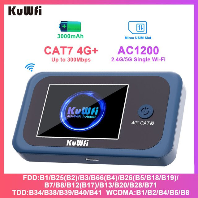 KuWFi CAT7 4G LTE Router mit 1200 Mbit/s, tragbares Reise-Mobilmodem mit 3000 mAh Akku und USIM-Steckplatz für bis zu 10 Benutzer - Bild 1