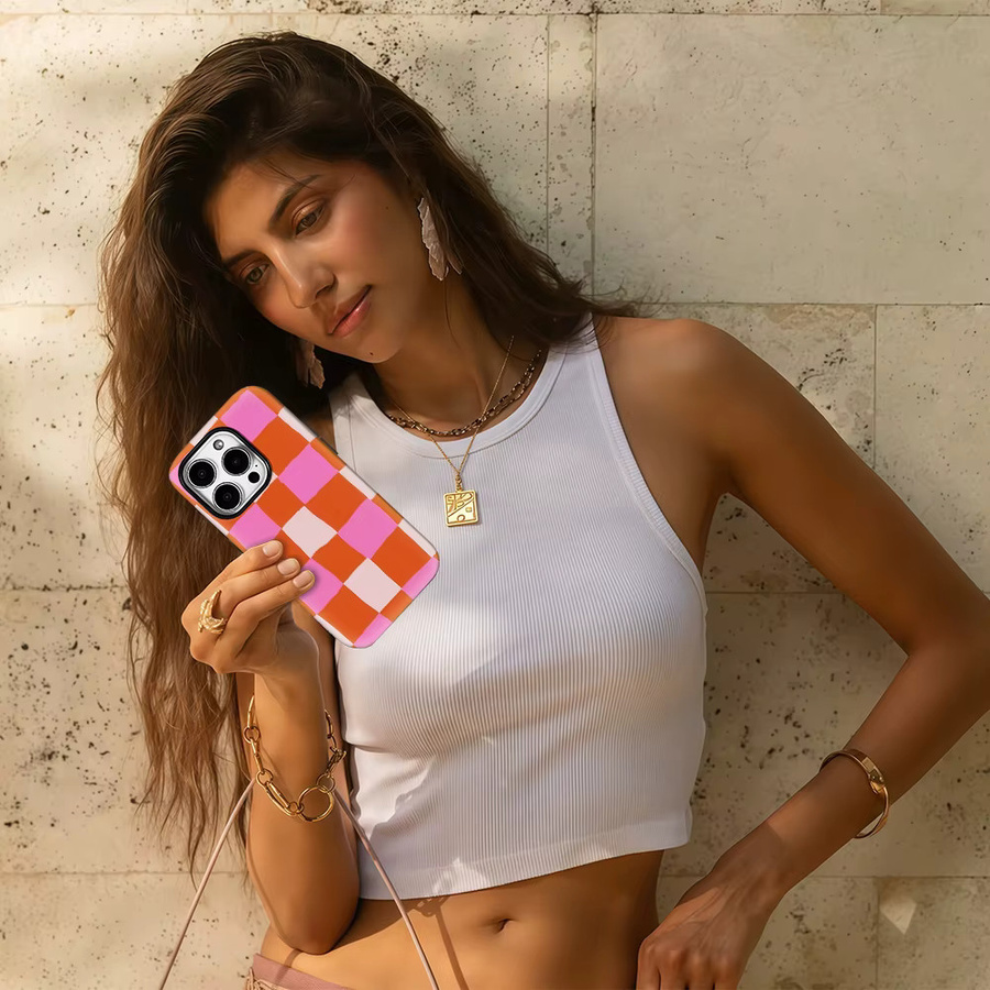 Potdemiel Gingham Handyhülle für iPhone in Rosa und Orange mit doppellagiger Rückseite - Bild 5