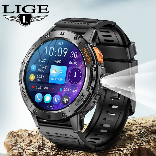 LIGE Outdoor Smartwatch für Herren mit 1,43 Zoll AMOLED HD Display, Bluetooth Anruffunktion, LED Beleuchtung und 530 mAh Akku in Schwarz - Bild 1