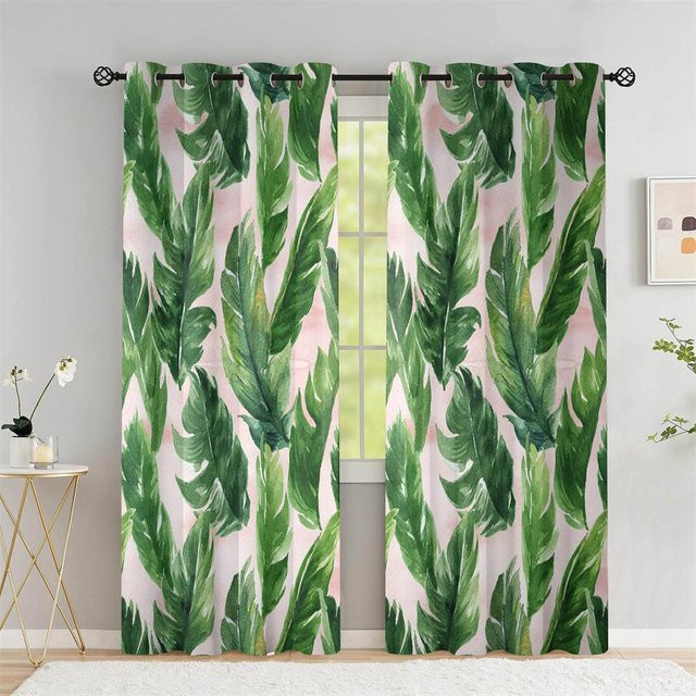 A Family Of Home Textiles Sommer-Vorhänge mit tropischen Palm- und Bananenblättern, halbtransparent, grün, B: 220 cm, H: 240 cm - Bild 1