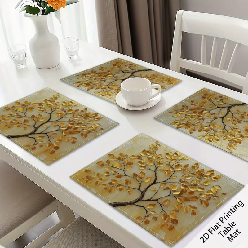 VIKAMA Luxuriöse Goldblatt-Tischsets aus Leinen in Gold, Waschbare und Rutschfeste Tischmatten mit Floralem Design für Party und Dekoration - Bild 3