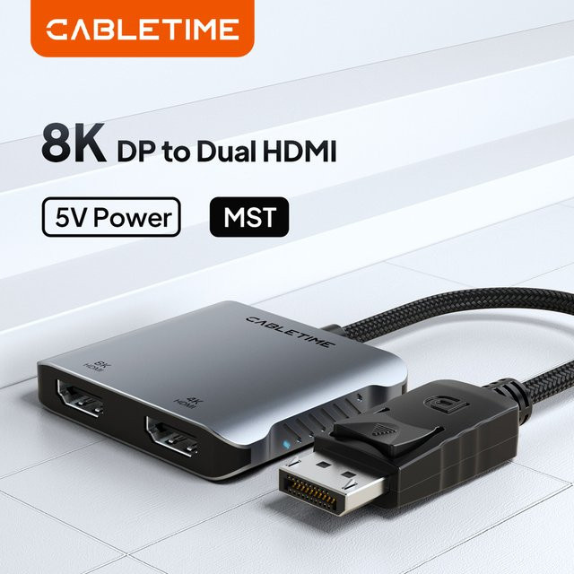CABLETIME DisplayPort-zu-Dual-HDMI-Adapter mit 8K MST und 4K bei 60 Hz für Dual-Display-Anwendungen an Mac und Laptop - Bild 1