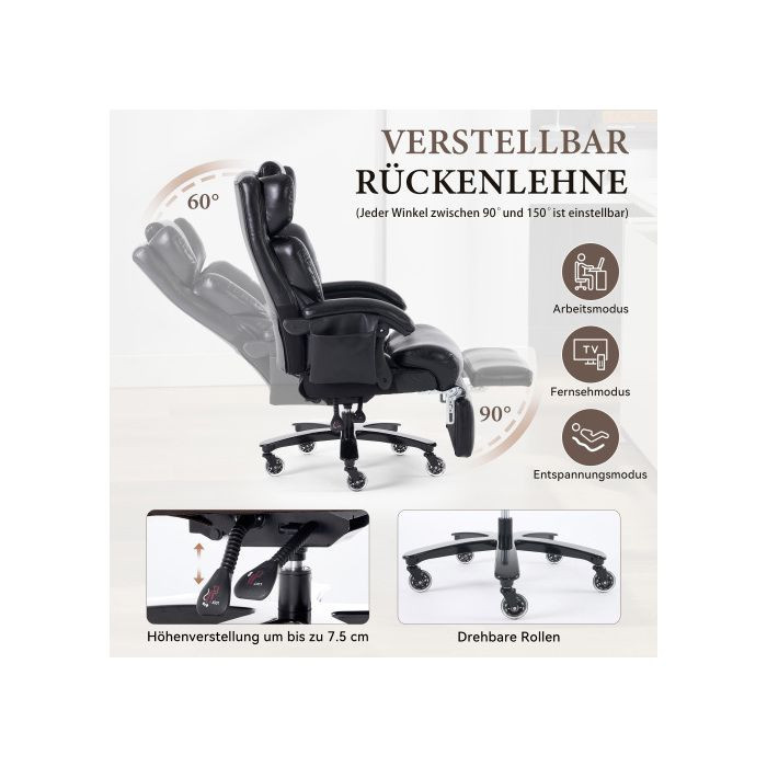 MUVOE Ergonomischer Bürostuhl in Schwarz mit Kopfstütze, Fußstütze und Armlehnen, 360 Grad drehbar, aus PU-Leder, belastbar bis 150 kg - Bild 2
