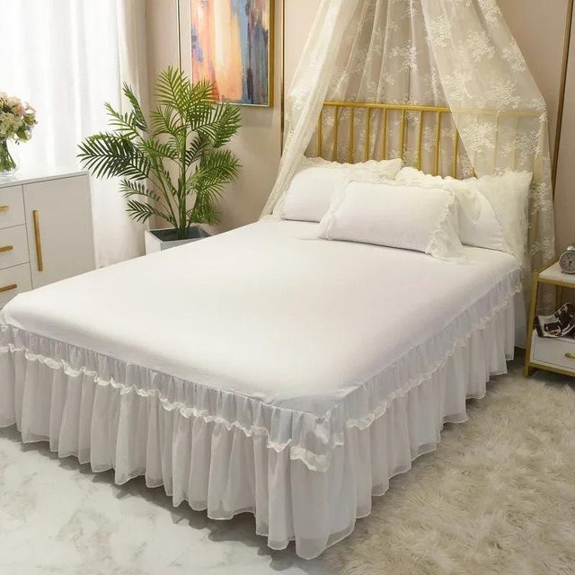 3-teiliges Bettwäsche-Set für Mädchen aus Baumwolle mit Chiffon-Spitze in Beige, B/T: 120 x 200 cm - Bild 1