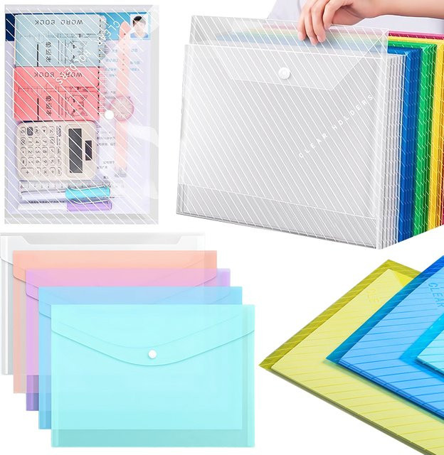 ZYF Dokumentenaufbewahrungstaschen A4, 5 Stück, bunt und transparent, wasserdichte Umschläge mit Schnappverschluss - Bild 1