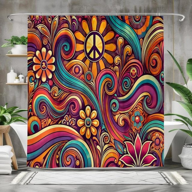Dai Jiaochuan Hippie Duschvorhang im Retro 70er Jahre Stil mit psychedelischem Flower Power Muster, B/H: 150 x 220 cm, Mehrfarbig - Bild 1