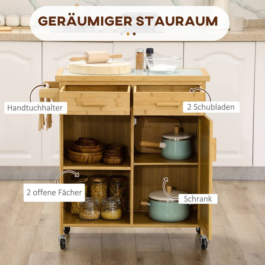 HOMCOM Küchenwagen aus Bambus und Rattan in Beige und Braun mit Schublade und Schrank im Boho-Chic, B/T/H: 84 x 36 x 85 cm - Bild 4
