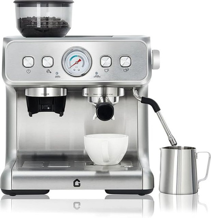HiMISS Espressomaschine mit integriertem Mahlwerk und Milchaufschäumer, 15 Bar Siebträgermaschine aus Edelstahl in Silber mit abnehmbarem Wassertank und Dampfdüse