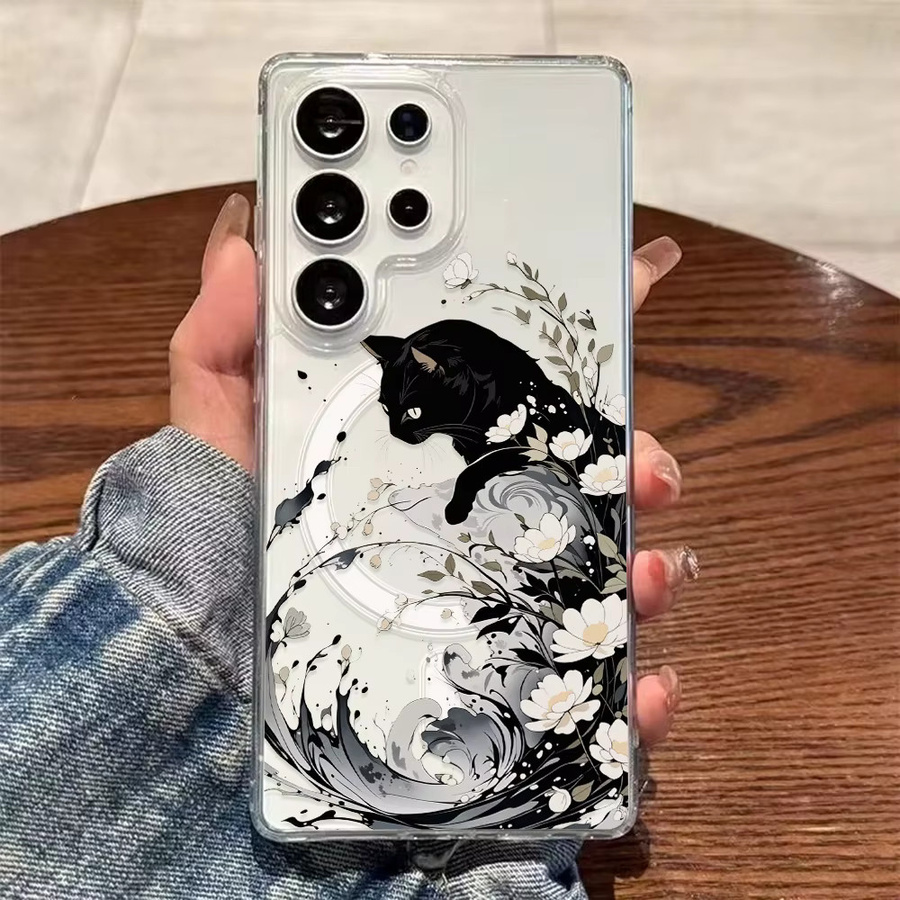 Magnetische Handyhülle für Samsung Galaxy S26 Plus S25 Edge S24 FE S23 S22 Ultra mit Schwarzer Katze im Chinesischen Literarischen Stil, Schwarz - Bild 2