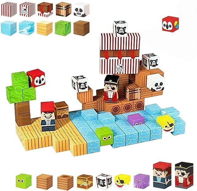 HUATEC Piratenschiff Magnetfliesen Set mit Montageset, 100 Stück, Mehrfarbig, STEM Lernspielzeug aus Kunststoff für Kinder ab 3 Jahren - Bild 1