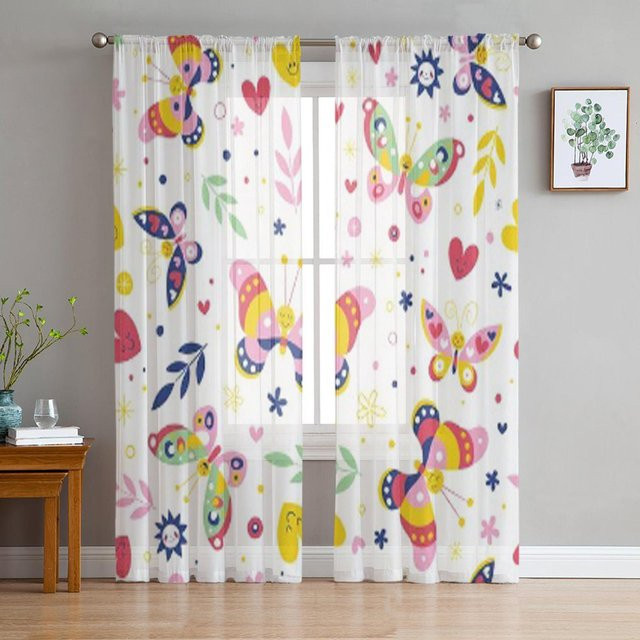 A Family Of Home Textiles Tüll-Vorhang mit Schmetterlings-Naturmuster in Weiß und Multicolour, Breite: 135 cm, Höhe: 114 cm - Bild 1