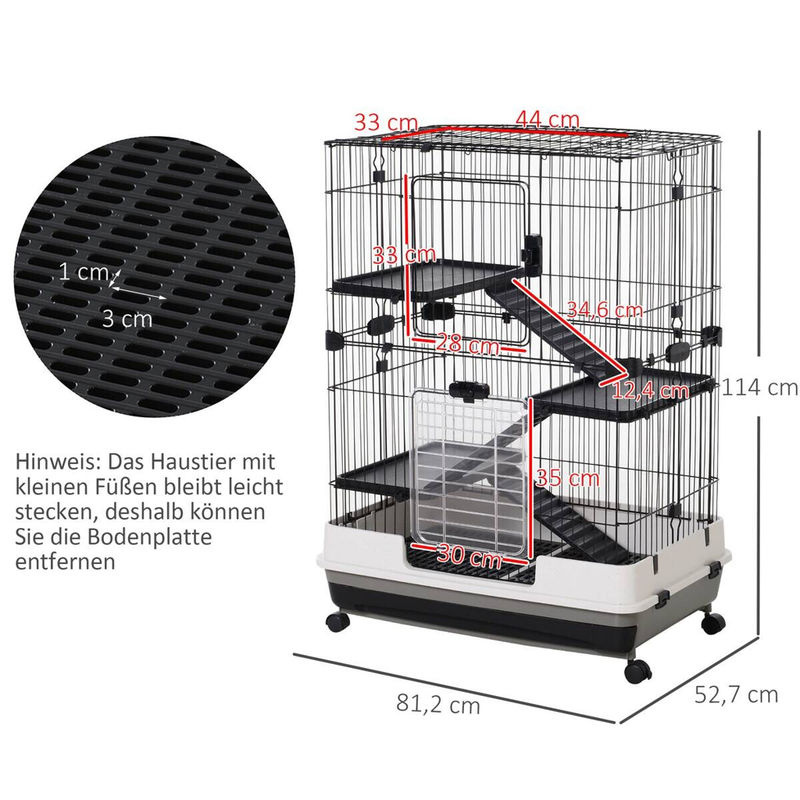 PawHut Kleintierkäfig aus pulverbeschichtetem Metall mit 4 Rollen und 2 Plattformen, Schwarz, B: 81,2 cm, T: 52,7 cm, H: 110 cm - Bild 6