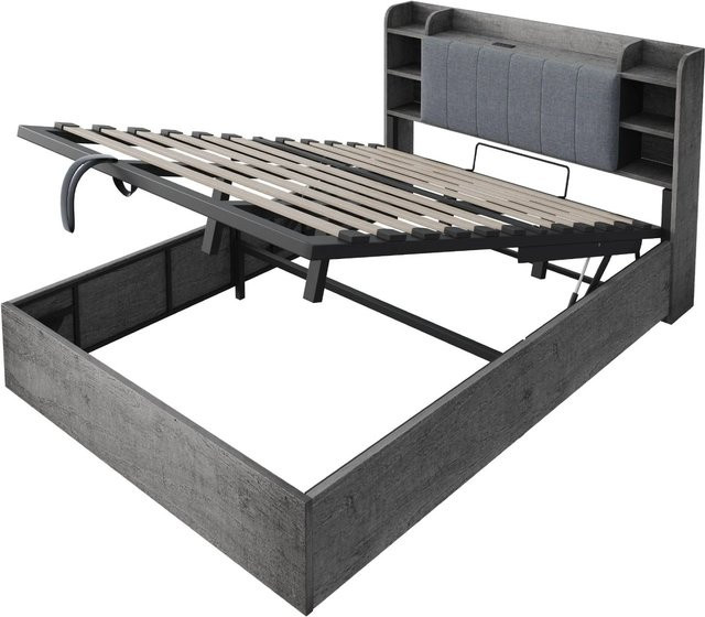 Merax Holzbett mit Hydraulik-Stauraum und USB-Anschluss in Grau, B/T/H: 180 x 200 x 184 cm - Bild 1