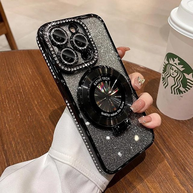 Luxus MagSafe Handyhülle mit Juwelen und Glitzer für Apple iPhone 11 bis 16 Pro Max Plus in Schwarz - Bild 1
