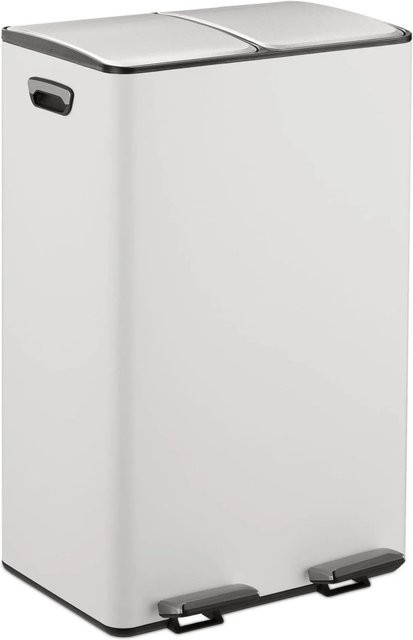 Relaxdays Tretmülleimer aus Eisen in Weiß mit 2 Fächern und Absenkautomatik, H: 71,5 cm, B: 47 cm, T: 36 cm - Bild 1