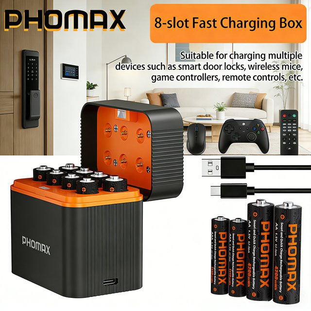 PHOMAX Wiederaufladbare Lithium-Batterien AA und AAA Set in Schwarz mit Schnellladegerät - Bild 1