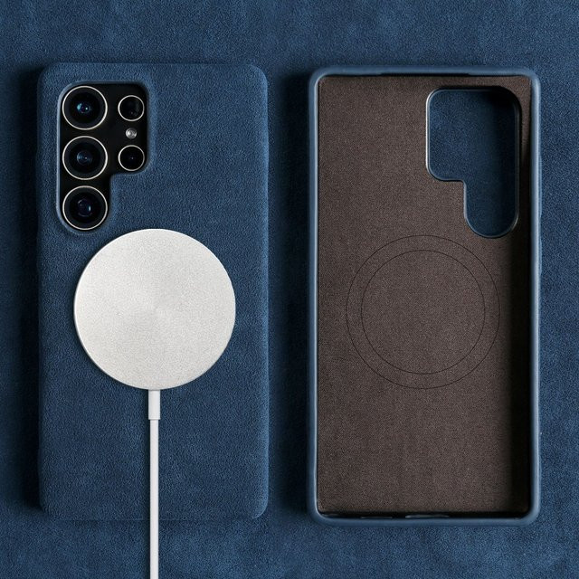 Magnetische Alcantara Handyhülle für Samsung Galaxy S24, S23, S21, S2 Ultra und S20+ in Blau aus Kunstleder und Wildleder - Bild 1