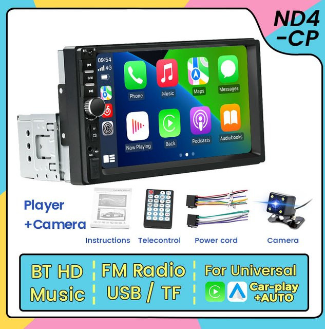 AUTOSHARK ND4-CP Universal 1 Din Autoradio mit 7 Zoll Touchscreen Display für Carplay und Android Auto, Schwarz, MP5 Player mit USB und FM Stereo - Bild 1