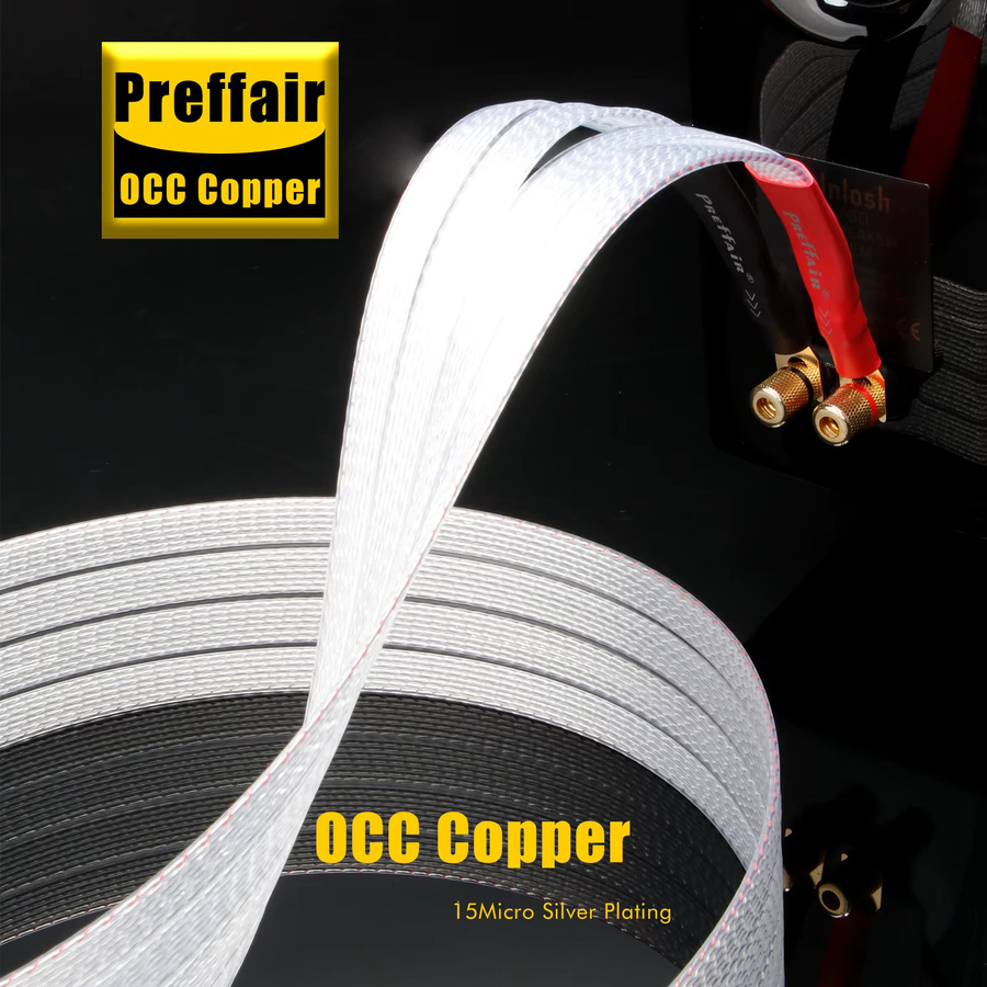 Preffair Paar Falt-Lautsprecherkabel 8N OCC Versilbertes Flachband-Lautsprecherkabel mit Y-Spade auf 4mm BFA Bananenstecker in Silber - Bild 1