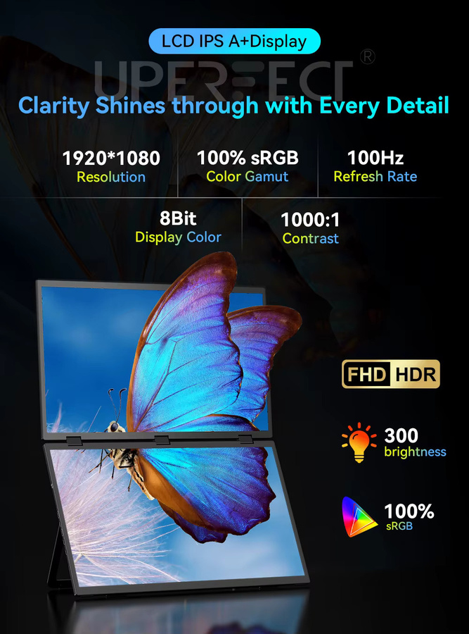 UPERFECT Delta Max 18,5 Zoll Dual tragbarer Monitor mit Touchscreen, 100 Hz, Full HD HDR, 360 Grad faltbar, Schwarz - Bild 4