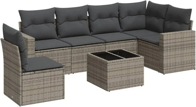 vidaXL 7-teilige Garten-Sofagarnitur in L-Form aus grauem Poly-Rattan mit Kissen und pulverbeschichtetem Stahlgestell - Bild 1