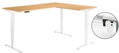 Schäfer Shop Genius Winkelschreibtisch AERO FLEX elektrisch höhenverstellbar mit 90 Grad Winkel und C-Fuß in Buche-Dekor und Weiß, B: 200 cm, T: 160 cm - Bild 1