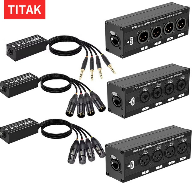 TITAK RJ45 CAT5e zu 4-Kanal 3-Pin XLR/6,35mm Audio- und DMX-Netzwerk-Extender in Schwarz - Bild 1