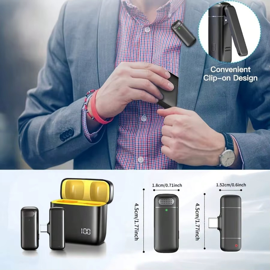 Basix Kabelloses Lavalier-Mikrofon mit Ladeetui, 2,4 GHz USB-C Mini-Ansteckmikrofon mit Geräuschunterdrückung in Schwarz - Bild 4