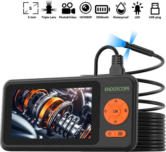 ENWOR Industrie-Endoskop mit 5 Zoll Bildschirm, HD 1080P, 5,0 MP Autofokus Kamera und USB-Anschluss, Schwarz - Bild 1