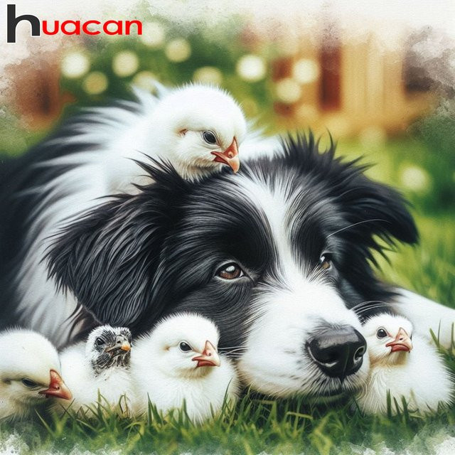 Huacan 5D Diamond Painting Set Hund und Küken Cartoon Mosaik Strass Malerei mit runden Steinen in Multicolour, Breite: 20 cm, Höhe: 20 cm - Bild 1
