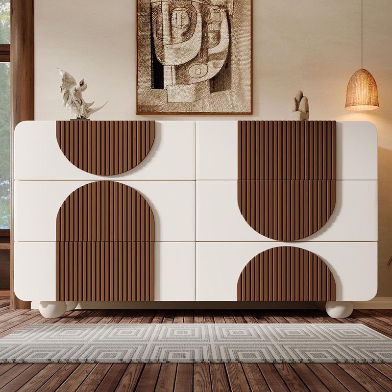 AB Store Kommode mit 6 Schubladen in Weiß mit schokoladenfarbenen Holzleisten und weißen kugelförmigen Massivholzfüßen, B/T/H: 121 x 41 x 71 cm - Bild 2