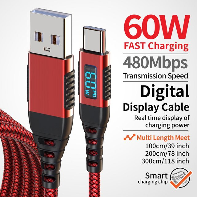 KakuuCa USB-A zu Typ-C Schnellladekabel 60W in Rot - Bild 1