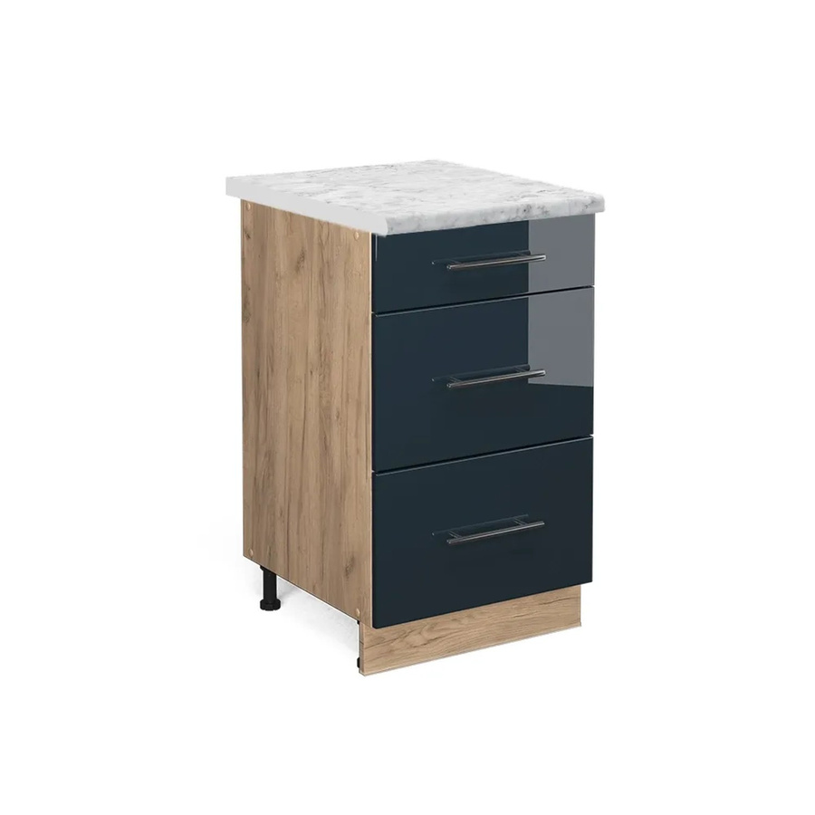 Vicco Küchenunterschrank Fame-Line Dunkelblau Hochglanz und Eiche mit Arbeitsplatte in Weiß-Marmor, Breite: 50 cm - Bild 2