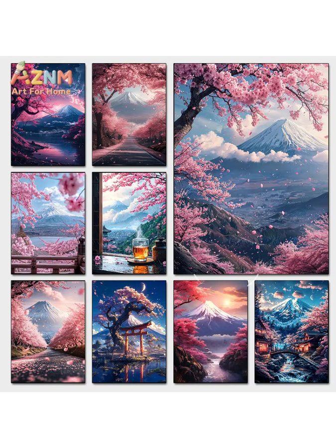 AZNM Mount Fuji Kirschblüten Japanische Landschaft Rahmenlose Leinwand-Wandkunst in Rosa und Mehrfarbig - Bild 4
