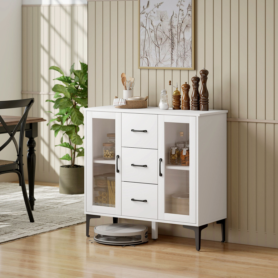 HOMCOM Sideboard Kommode in Weiß mit 3 Schubladen und 2 Glastüren, moderner Aufbewahrungsschrank mit verstellbaren Regalen und Soft-Close-Scharnieren, B/T/H: 90 x 38 x 86 cm - Bild 2
