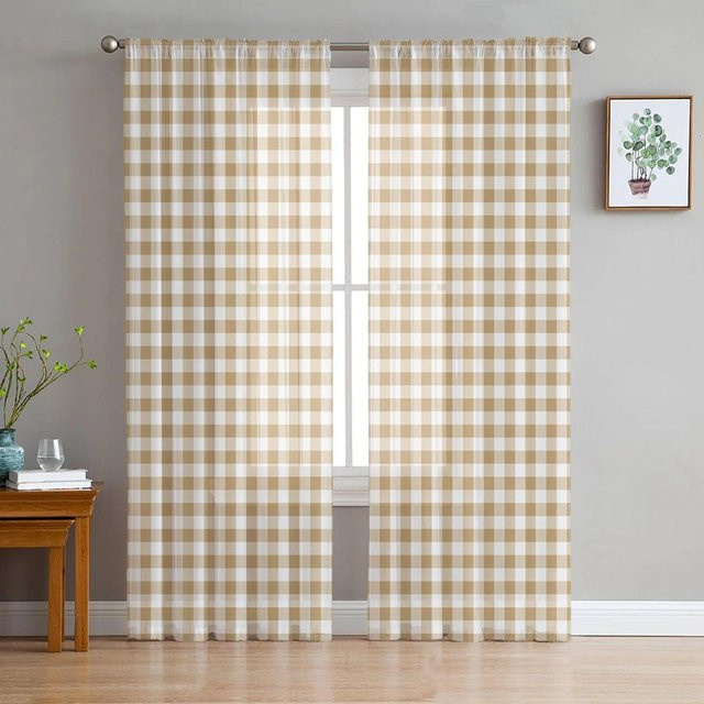 Gelbe karierte transparente Voile-Fenstervorhänge von A Family Of Home Textiles für Schlafzimmer, Wohnzimmer oder Kinderzimmer, B: 135 cm, H: 160 cm - Bild 1