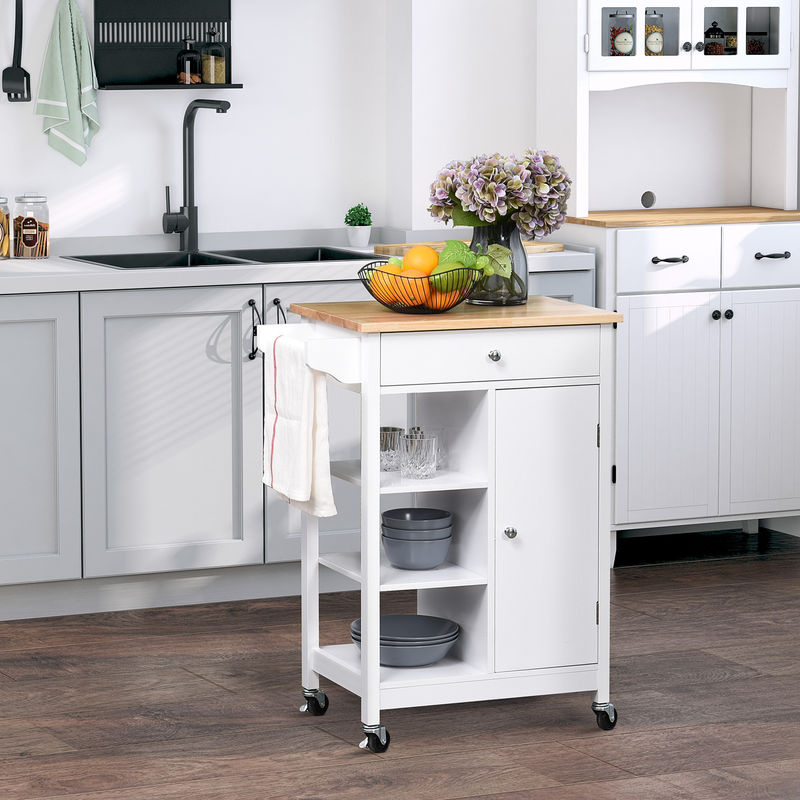 Aosom Küchenwagen aus MDF und Gummibaumholz in Weiß mit Arbeitsplatte, Schublade, Schrank, 3 Regalen und Rollen, B/T/H: 66 x 39,5 x 86,5 cm - Bild 2