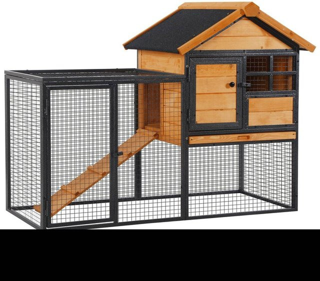 PawHut Kaninchenstall mit Freilaufgehege aus Tannenholz und Metall in Gelb, B/T/H: 122 x 63 x 92 cm - Bild 2