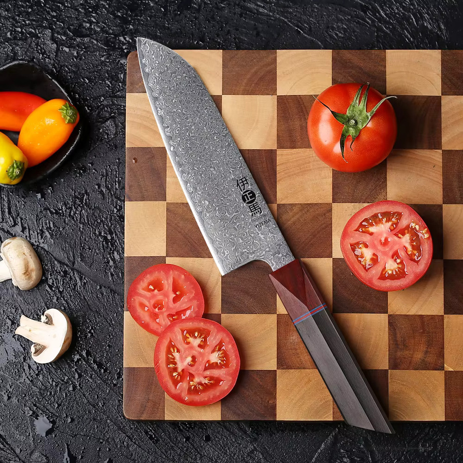 YIZEMA Santoku-Kochmesser aus handgeschmiedetem Damaststahl mit Holzgriff, 17,78 cm - Bild 2
