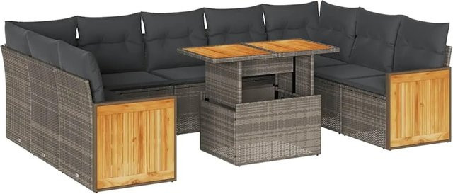 vidaXL 10-tlg. Garten-Sofagarnitur in L-Form aus Polyrattan und Akazienholz mit grauen Kissen - Bild 1