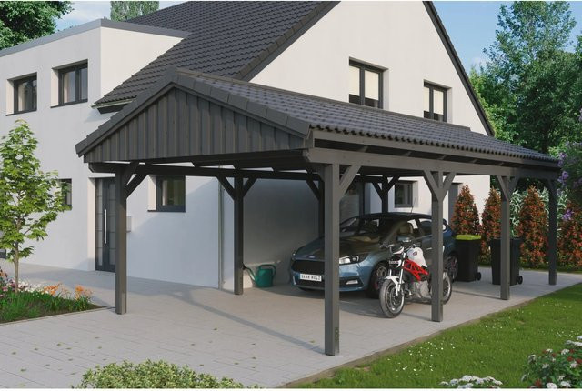 Skan Holz Carport Fichtelberg aus Fichte Leimholz in Grau mit Dachziegeln B/T: 423 x 808 cm, Höhe: 326 cm - Bild 1
