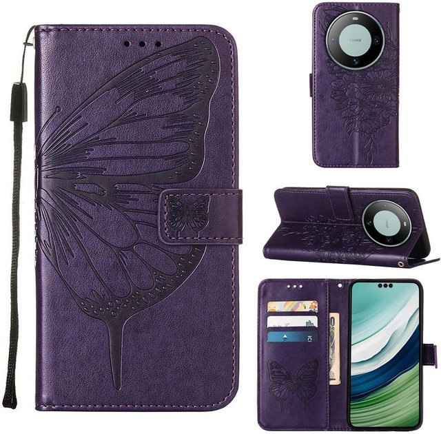 Honor Klapp-Lederbrieftasche Schmetterling Design für Honor X9B, X8B, X7B und Magic 6 Lite in Lila mit Kartenständer - Bild 1