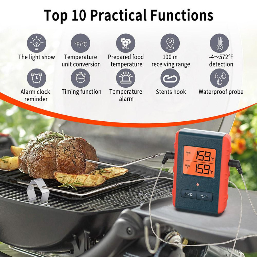 TOMTOP JMS Kabelloses digitales Fleischthermometer mit 2 Sonden in Orange zum Grillen und Kochen - Bild 4