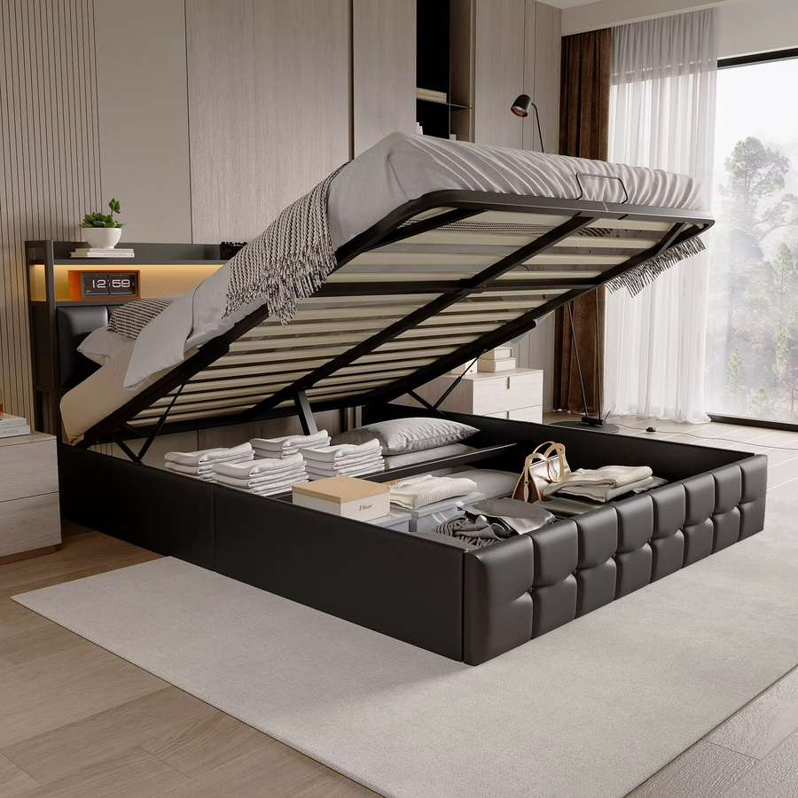 Anajqaqia Polsterbett mit Stauraum und Hydraulikfunktion, Doppelbett aus Leder, Schwarz, B/T: 160 x 200 cm - Bild 4