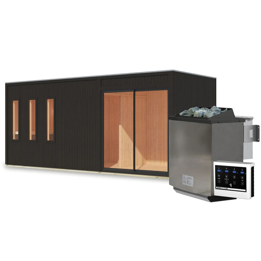 Karibu Saunahaus Huelva Bio mit 9 kW Ofen in Schwarz, modernes Design in Elementbauweise aus Fichte und Espeholz mit Klarglas - Bild 2