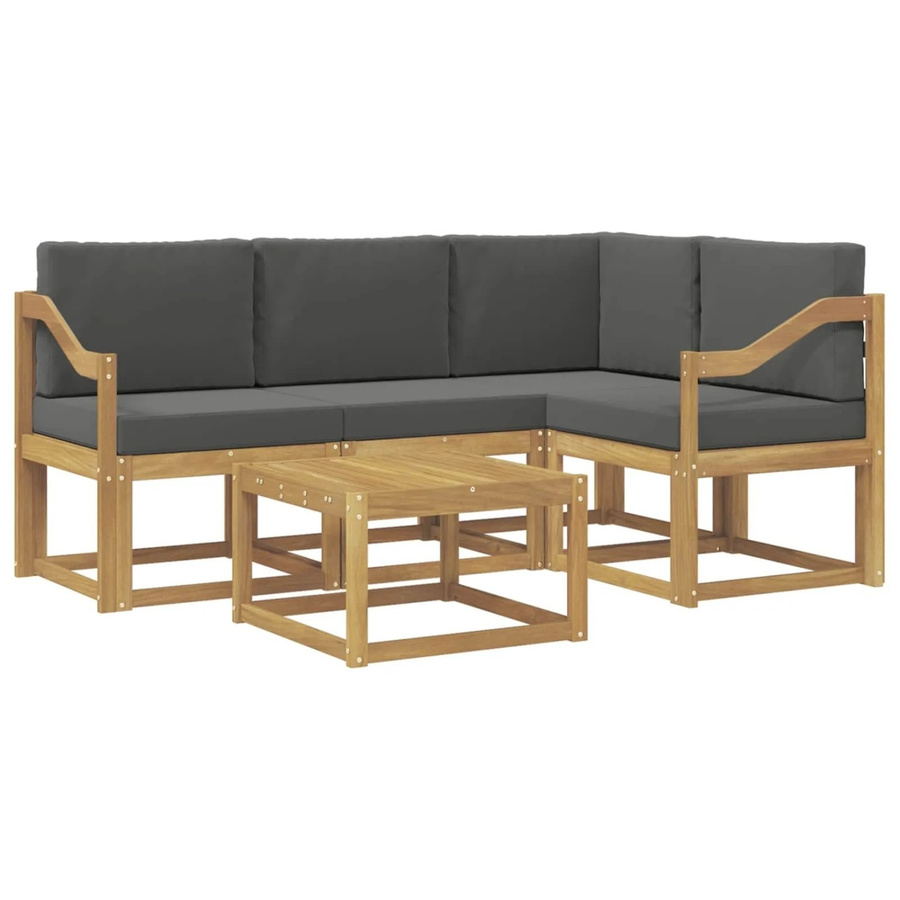 vidaXL Outdoor-Sofagarnitur in L-Form aus Akazienholz mit Kissen und Couchtisch, 5-teiliges Gartenmöbel-Set, Weiß, Anthrazit und Grau - Bild 2
