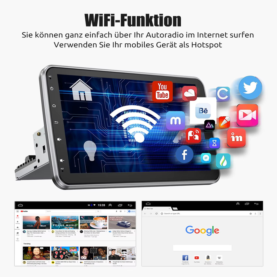 ESSGOO Universal Autoradio mit 10,1 Zoll Touchscreen, Android 15, 64GB, Schwarz, 1 DIN, Kabelloses CarPlay, Android Auto, GPS, WiFi, Bluetooth und RDS - Bild 4