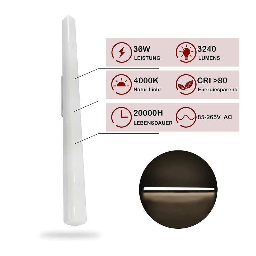 Cliheet Weiße LED-Deckenleuchte 36W 4000K Tageslicht, Länge: 90 cm - Bild 3